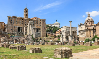 Temples of Saturn & Vespasian, Column of Phocas and Arch of Septimus Severus, from basilica Julia
