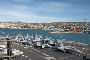 Super Hornets stacked on the aft deck