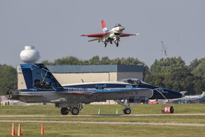 McDonnell Douglas CF-188 (F/A-18A) c/n 512/A423 s/n 188774 425sq 2024 Demo livery
+ Lockheed F-16CM-50-CF c/n CC-93 s/n 91-0395 55th FS YF-16 livery